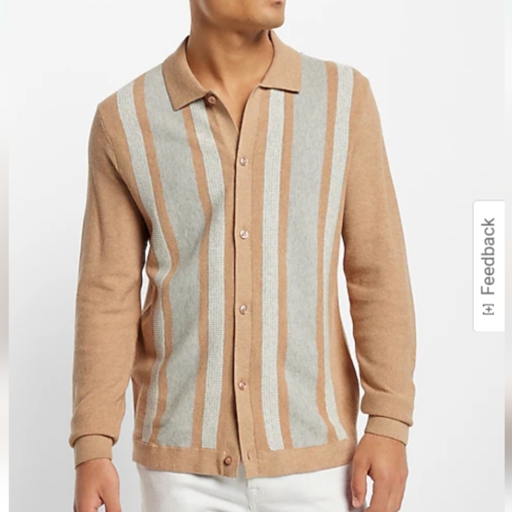 Express Stripe Button Down Sweater Polo Men Small Beige Neutral Cardigan‎ Preppy